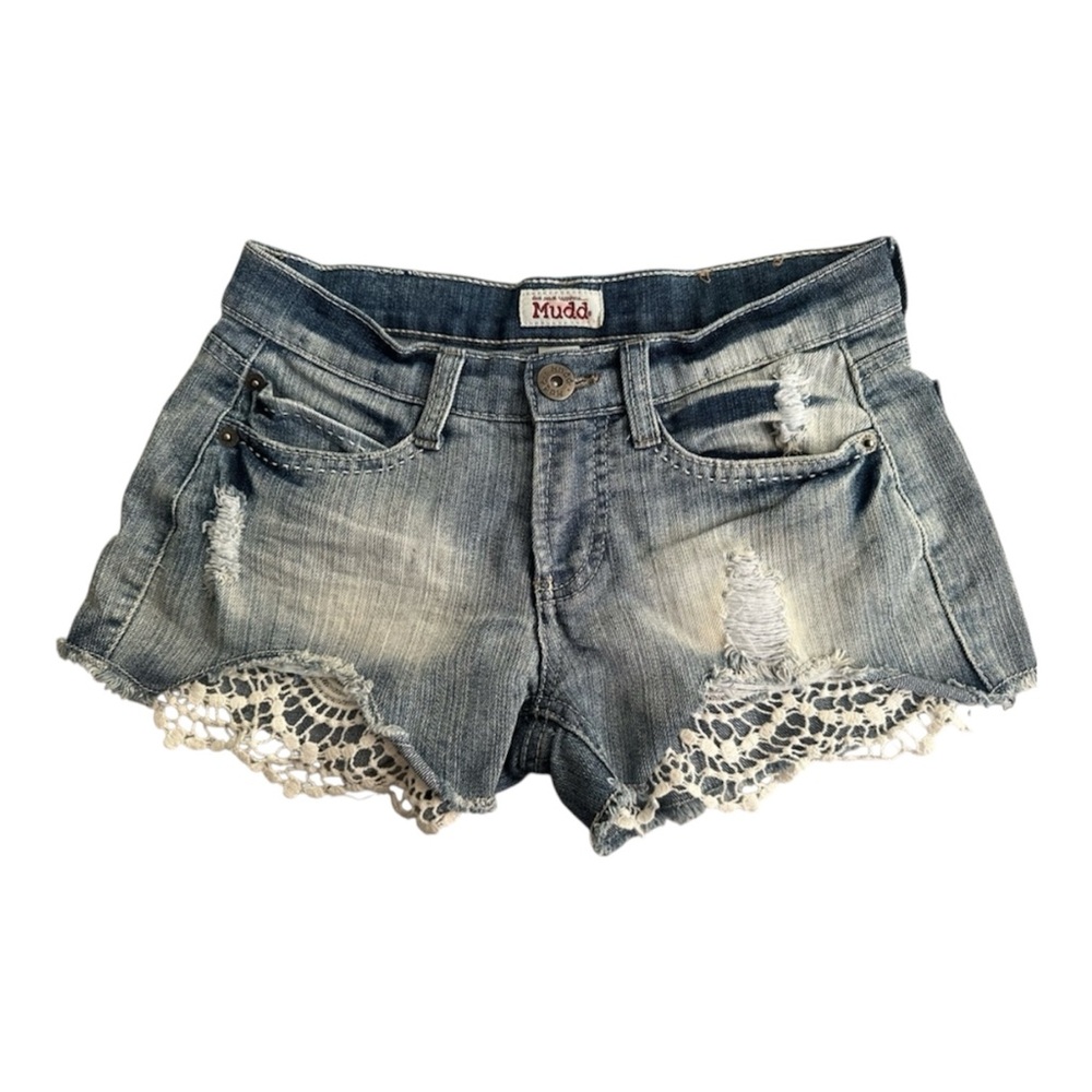 Mudd Vintage Y2K Low Rise Distressed Crochet Blue Jean Shorts with Lace